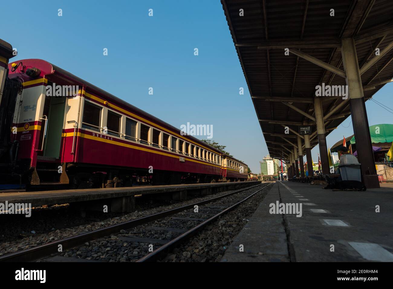 Train wagons at rest in the station of Thonburi, Bangkok, Thailand Stock Photo