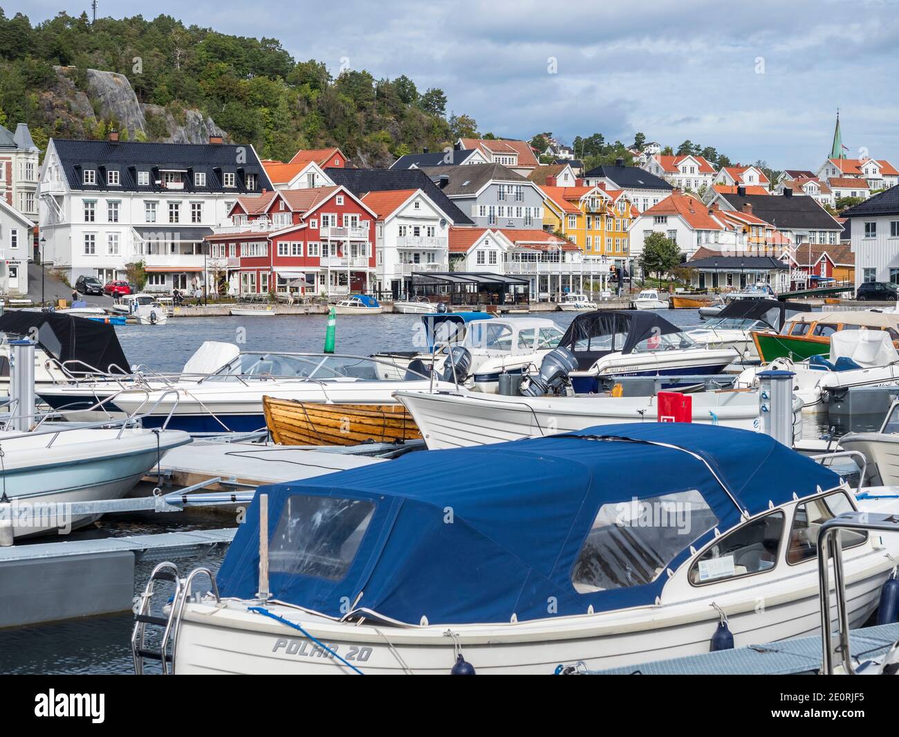 Harbor and downtown of Kragero, southern norwegian coast, leisure boats, Kragero, Norway Stock Photo