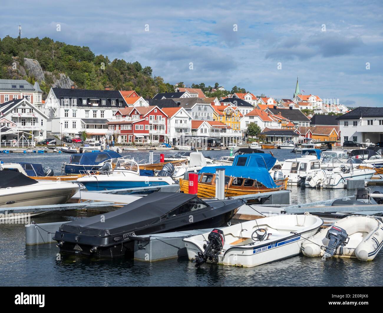 Harbor and downtown of Kragero, southern norwegian coast, leisure boats, Kragero, Norway Stock Photo