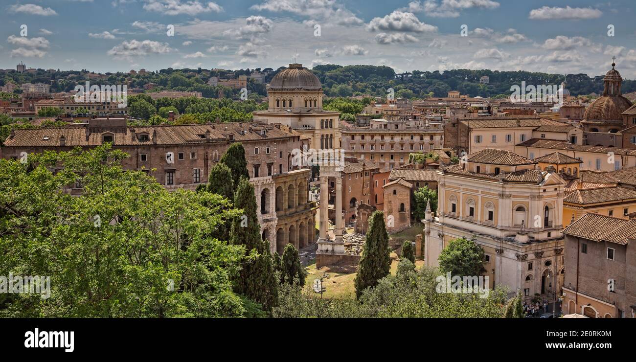 City skyline with landmarks of the Ancient Rome. View of the ruins of ...