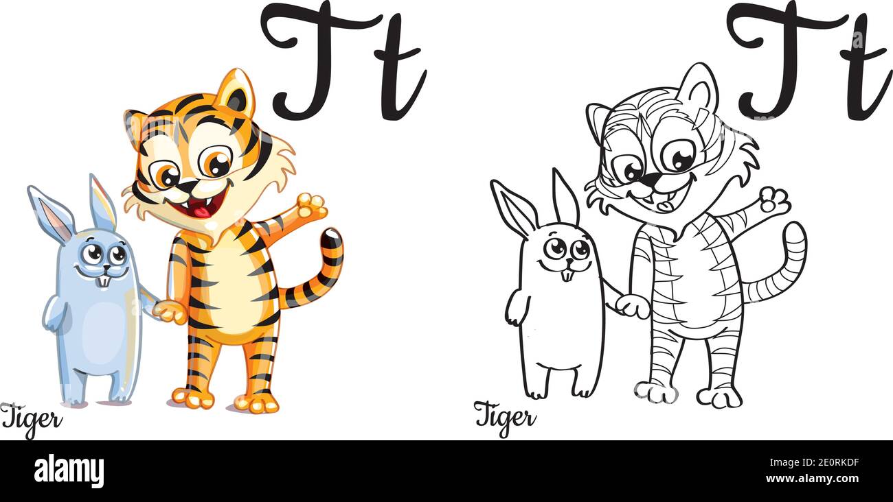 Tiger. Vector alphabet letter T, coloring page Stock Vector