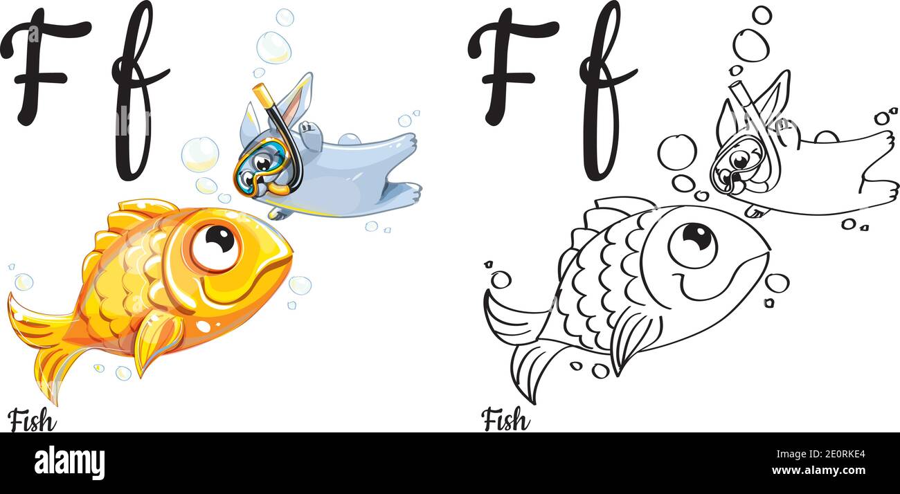 Fish. Vector alphabet letter F, coloring page Stock Vector