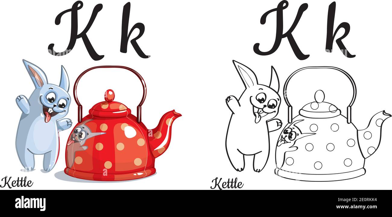 Kettle. Vector alphabet letter K, coloring page Stock Vector