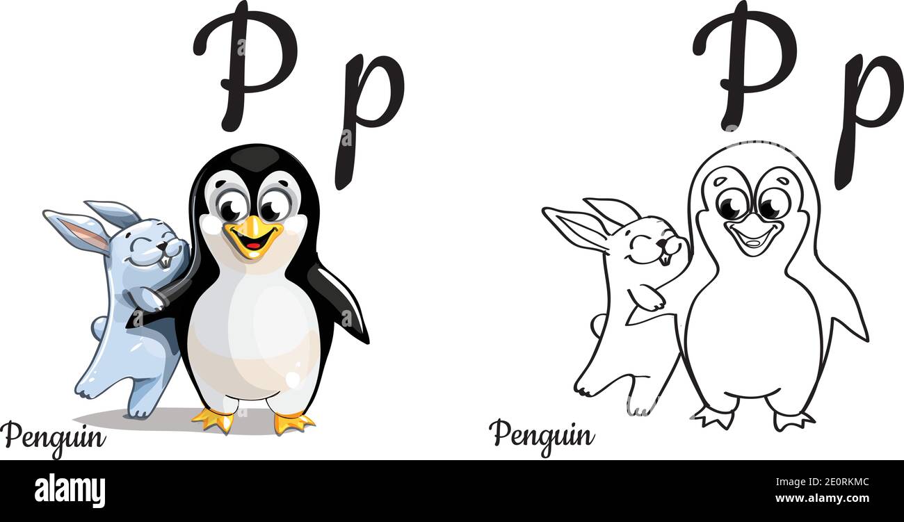 Penguin. Vector alphabet letter P, coloring page Stock Vector