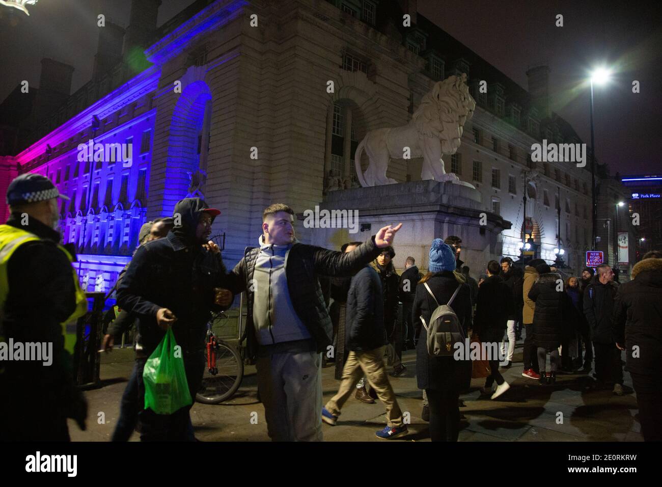 An anti lockdown protest takes place on New Year's Eve on London's South Bank. — 31. December 2020, England, London, UK Stock Photo