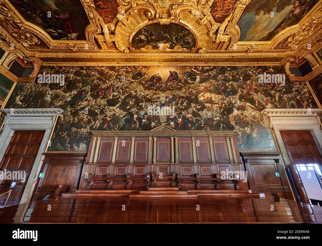 magnificent Hall of the Great Council (Sala del Maggior Consiglio) with longest canvas painting in the world, Il Paradiso of Tintoretto, Doge's Palace Stock Photo