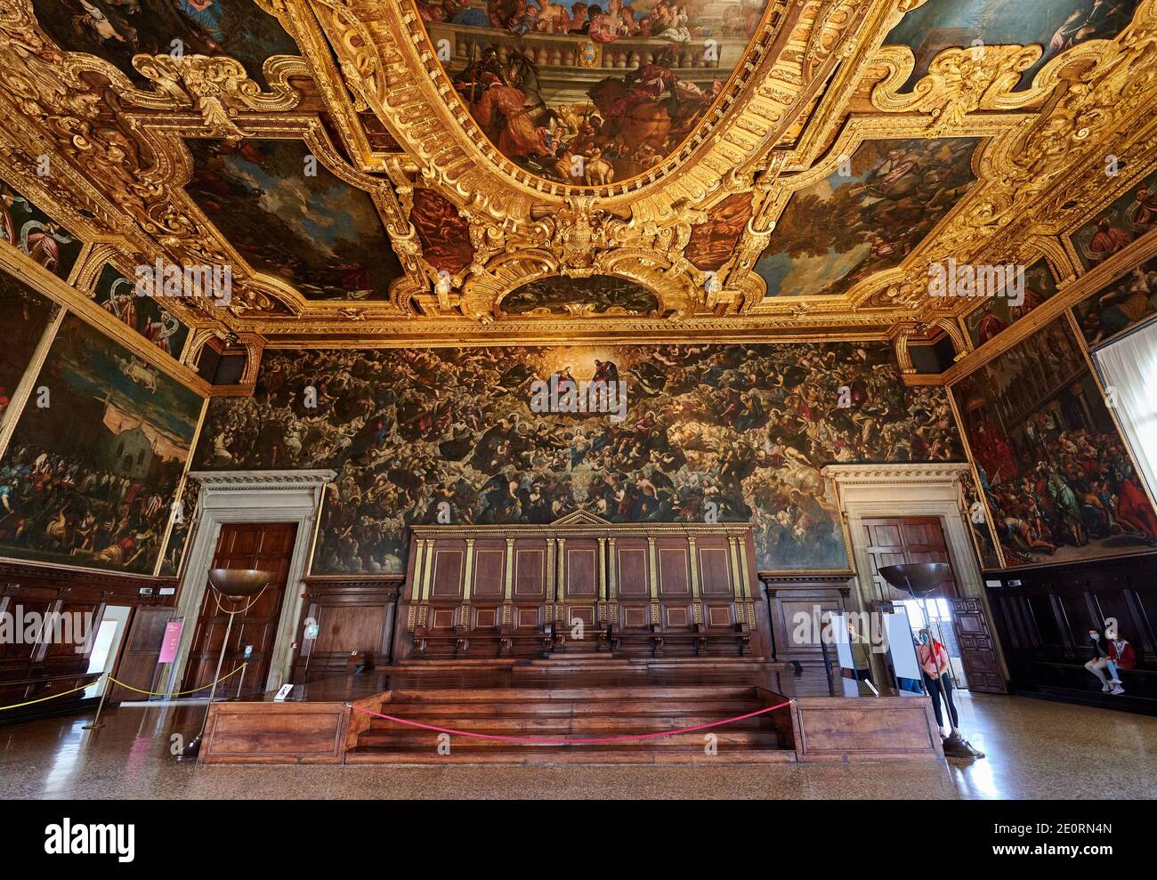 magnificent Hall of the Great Council (Sala del Maggior Consiglio) with longest canvas painting in the world, Il Paradiso of Tintoretto, Doge's Palace Stock Photo