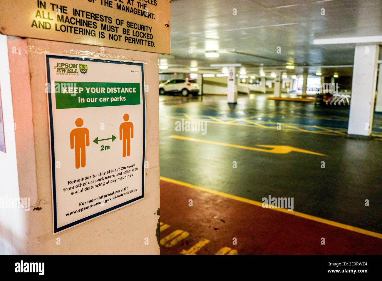 London UK, January 02 2021, Public Car Park Displaying Public Health Notice for social Distancing During Covid-19 Pandemic Lockdown Stock Photo