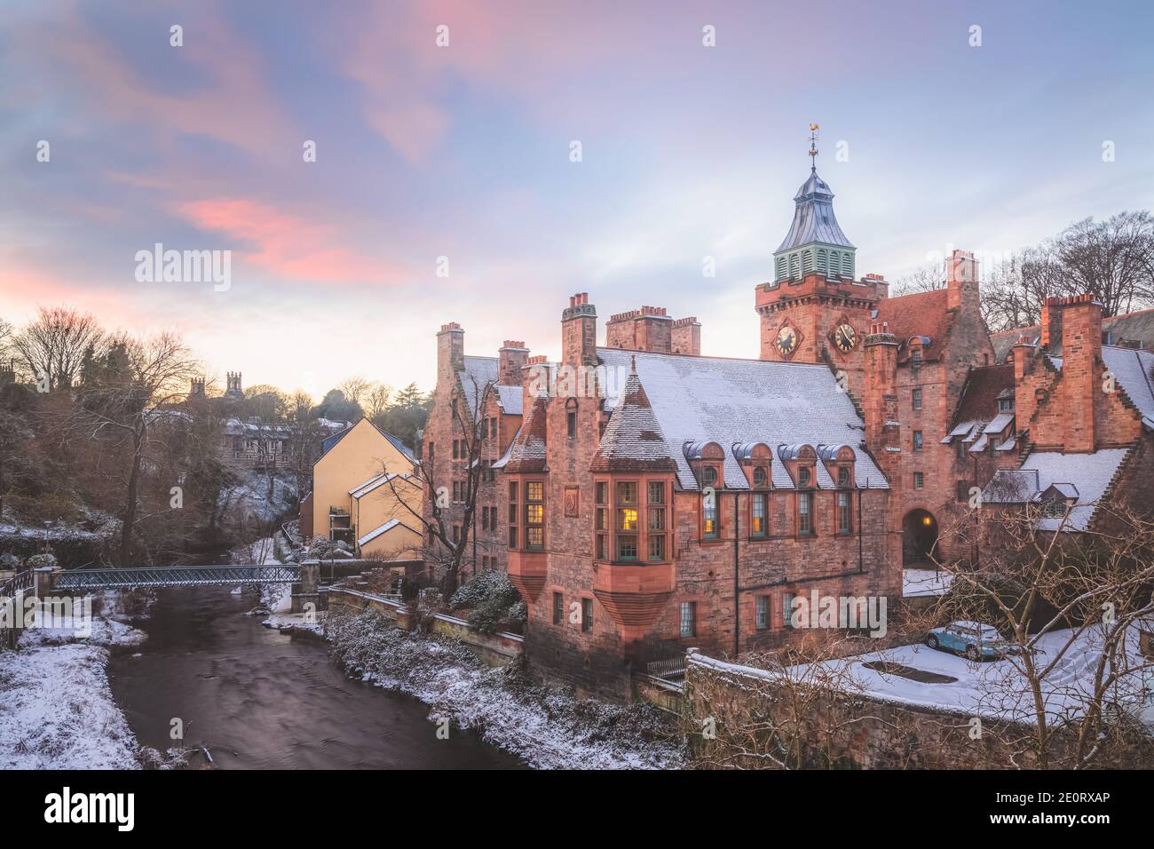 A beautiful afternoon at the historic Dean Village in Edinburgh, Scotland after a fresh winter snowfall. Stock Photo