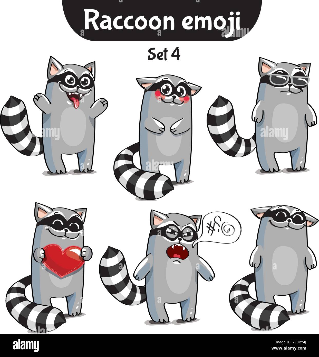 Vector set of cute raccoon characters. Set 4 Stock Vector