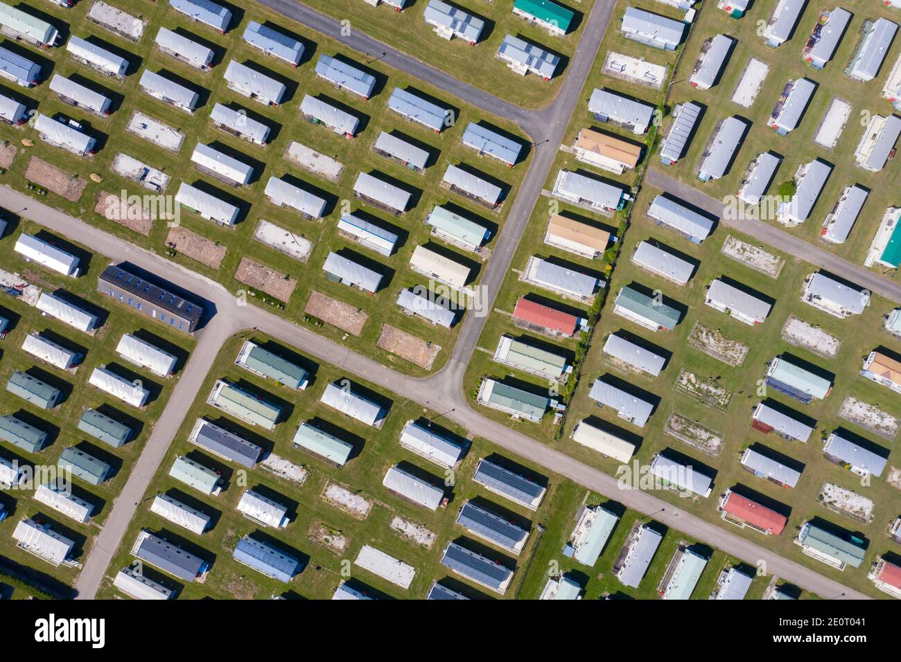 Aerial photo showing a top down view of caravans and the caravan camping resort site located in the British village of Skegness in Ingoldmells East Yo Stock Photo