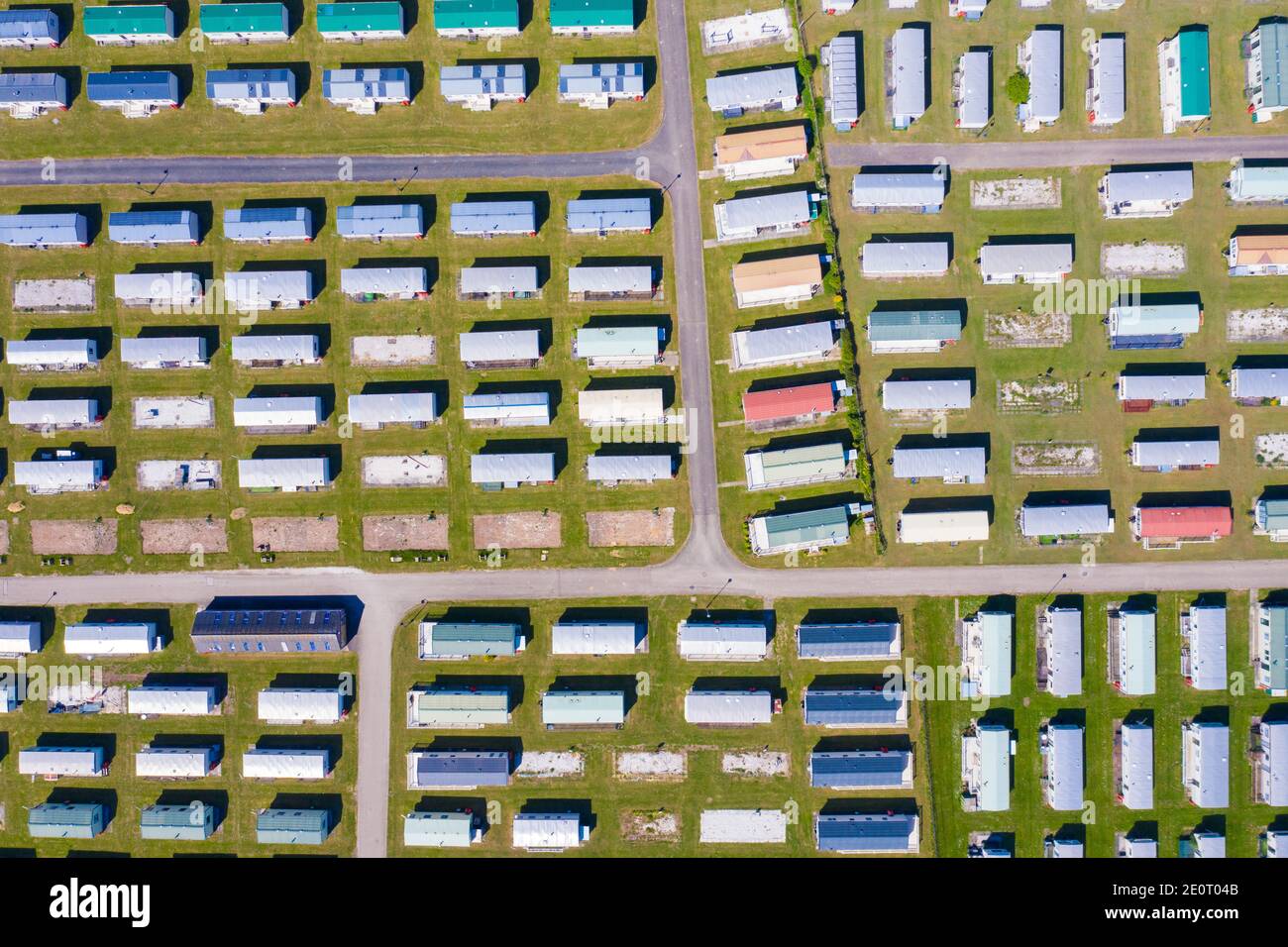 Aerial photo showing a top down view of caravans and the caravan camping resort site located in the British village of Skegness in Ingoldmells East Yo Stock Photo