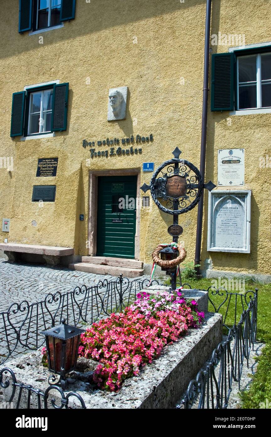 The grave of Franz Xaver Gruber, composer of 'Silent Night, Holy Night' Christmas Carol, outside the 'Silent Night Museum' in Hallein, Austria. Stock Photo