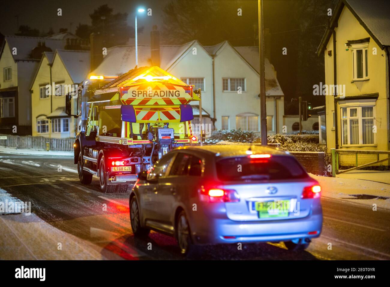 Cradley Heath, West Midlands, UK. 2nd Jan, 2020. Sandwell Council gritters hit the streets as more snowfall covers Cradley Heath, West Midlands, which may well turn to ice as overnight temperatures drop to minus 3 degress . Credit: Peter Lopeman/Alamy Live News Stock Photo