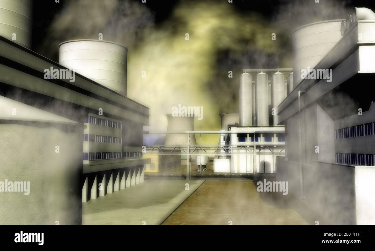 Digital Illustration Of A Surreal Industrial Area Stock Photo