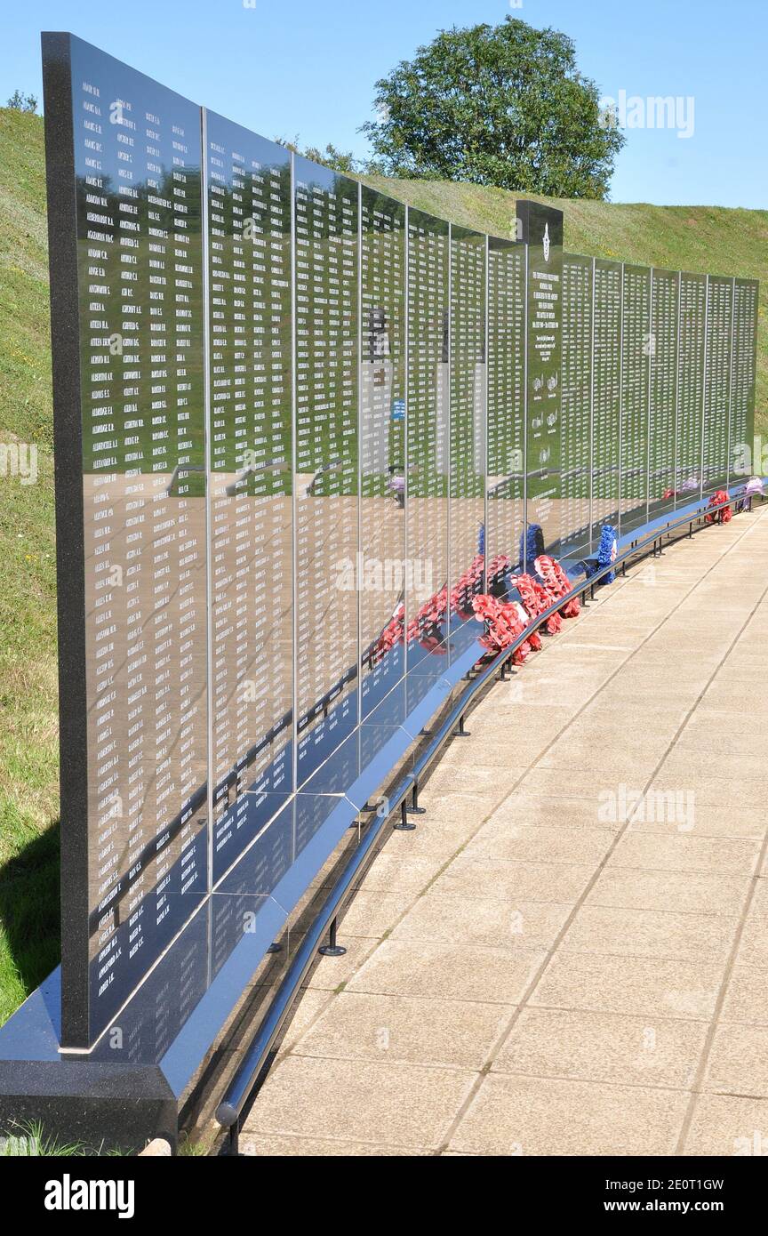 Battle of Britain Memorial, Capel-le-Ferne, Christopher Foxley-Norris Memorial Wall. Kent, UK. Fighter pilot's names. Royal Air Force wreaths Stock Photo
