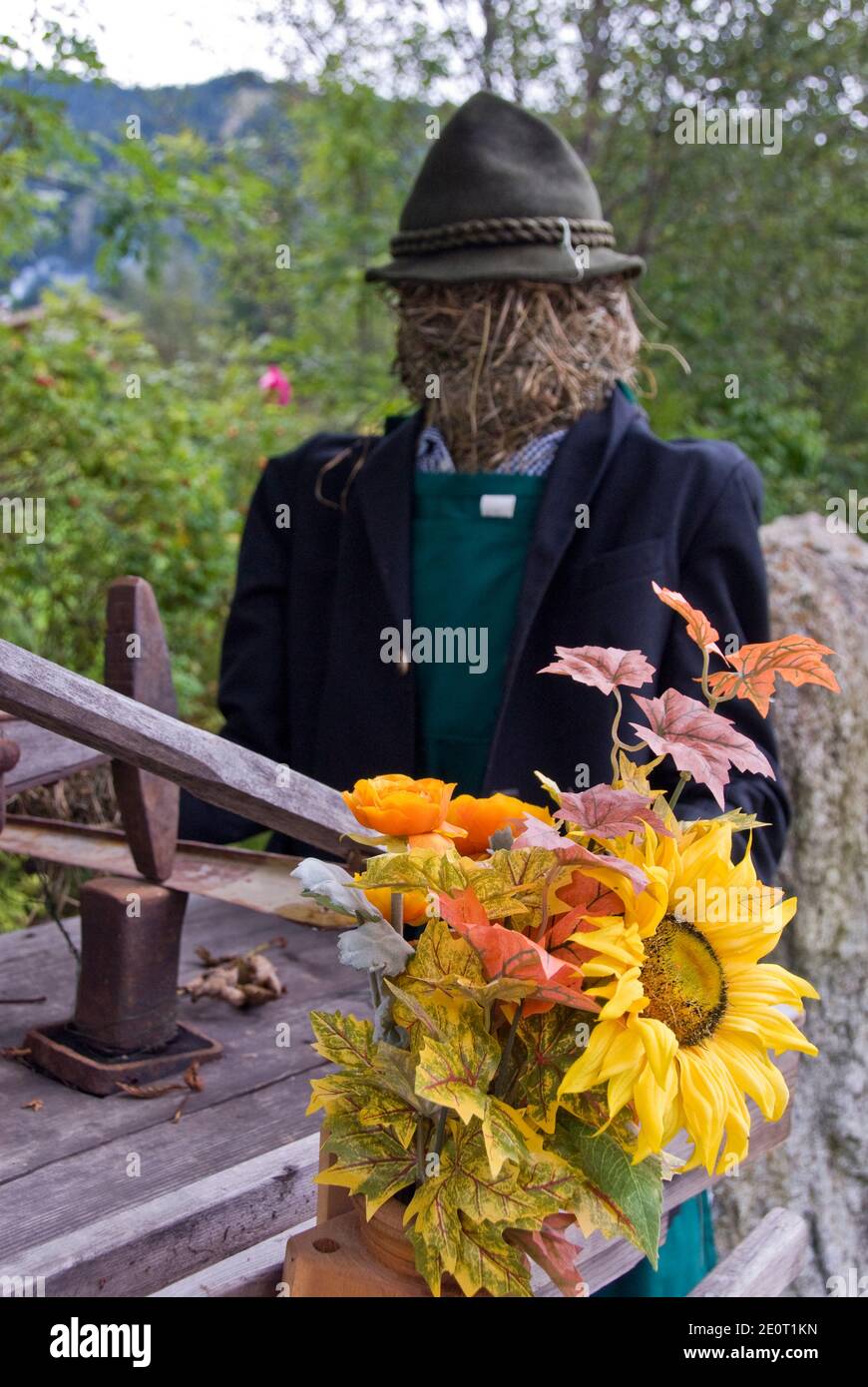 Scarecrow men, hay-stuffed figures, decorate the village of Krimml, near Krimml Waterfalls (Krimmler Wasserfalle), the highest waterfall in Austria. Stock Photo
