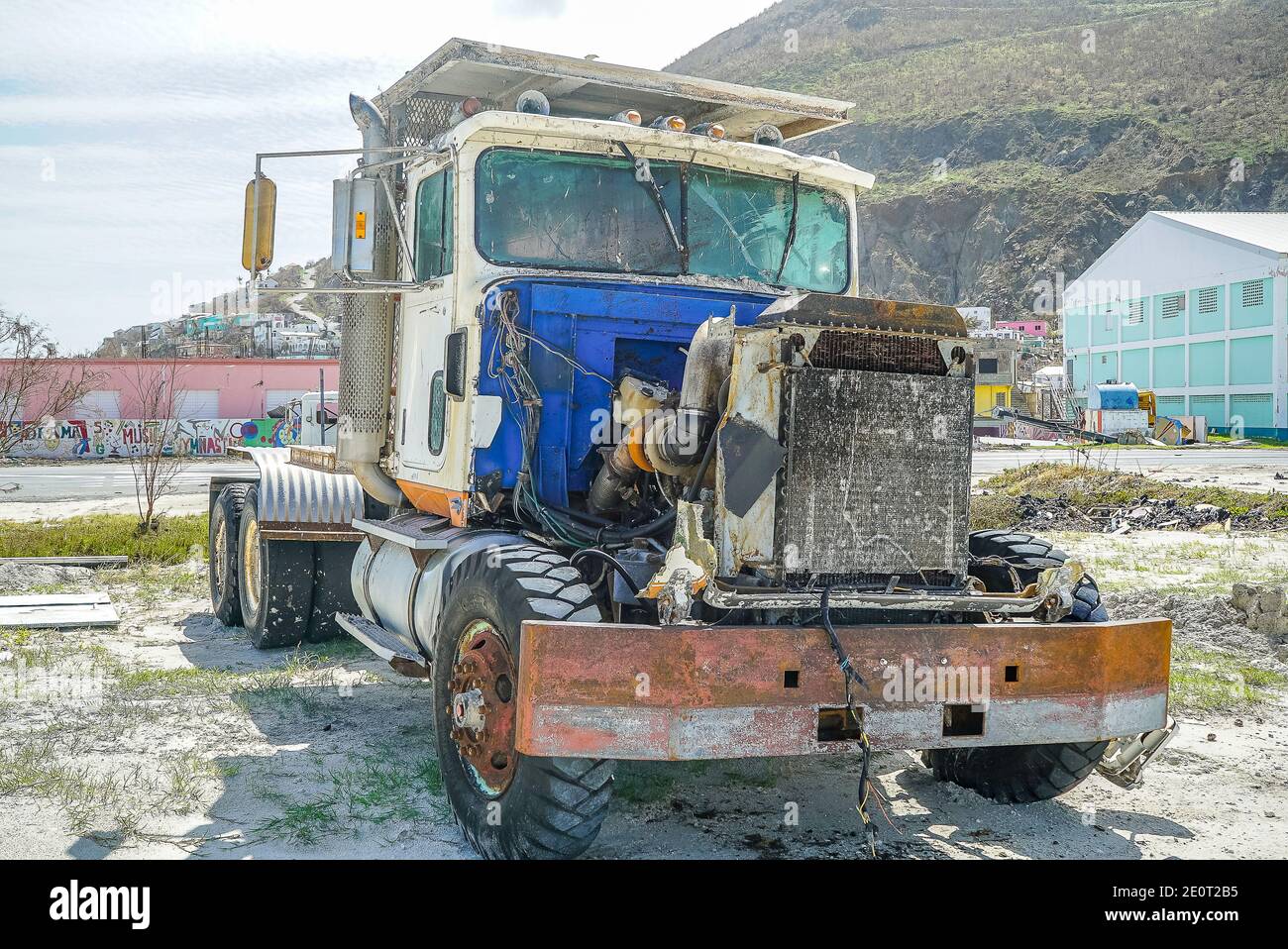 Car vehicle damage cause by a hurricane that hit the caribbean island of st.maarten. Damage vehicles. Stock Photo