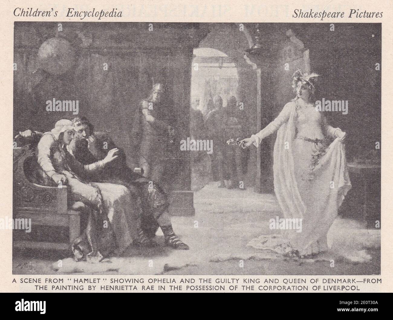 Scenes from Shakespeare's Plays - Scene from Hamlet showing Ophelia and the guilty King and Queen of Denmark. Stock Photo