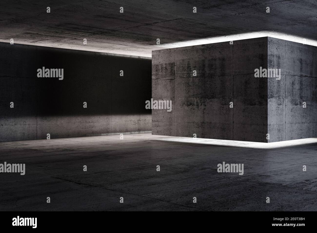 Abstract concrete interior background, dark room with neon illuminated installation, 3d rendering illustration Stock Photo