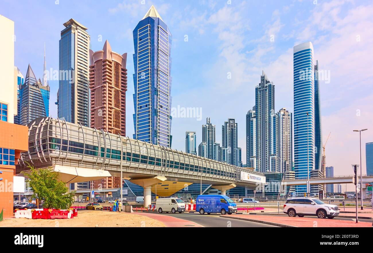Dubai, UAE - February 02, 2020:  View of Sheikh Zayed Road near Business Bay metro station in Dubai,  United Arab Emirates Stock Photo