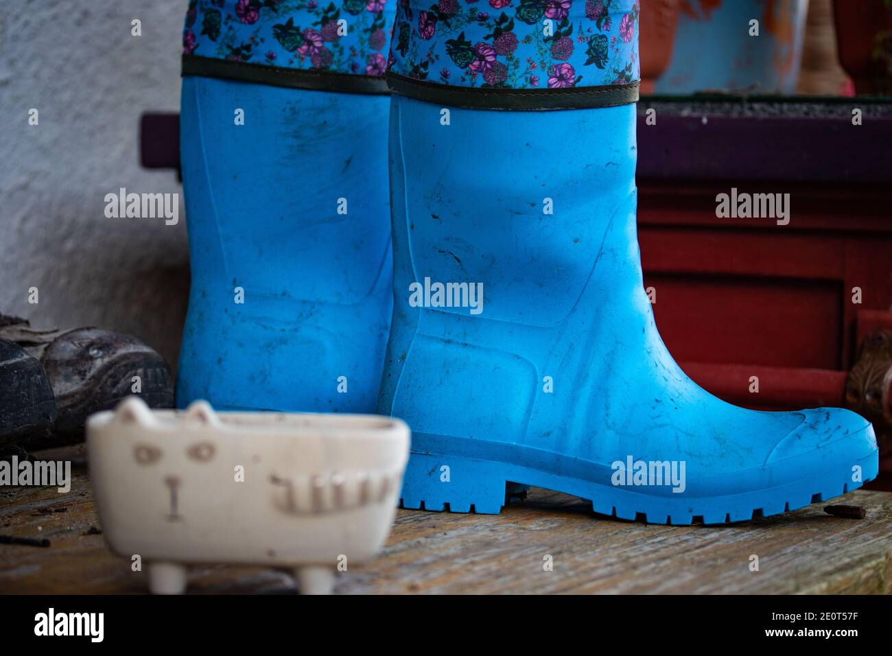 Old dirty rubber boots stand on the wooden floor of a country house porch. Blue rubber country goloshes. Ireland Stock Photo