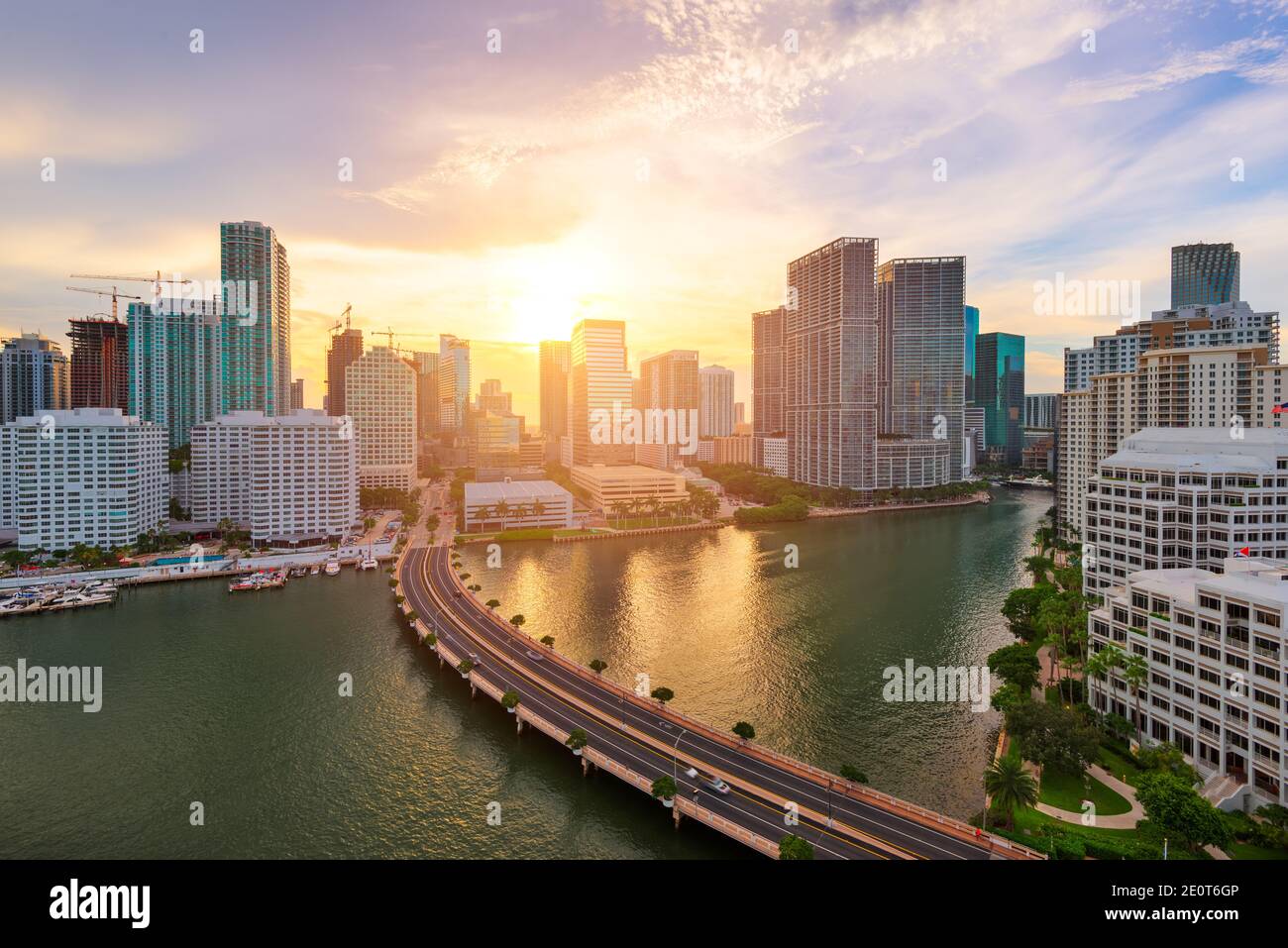 Miami, Florida, USA skyline over Biscayne Bay at dusk. Stock Photo