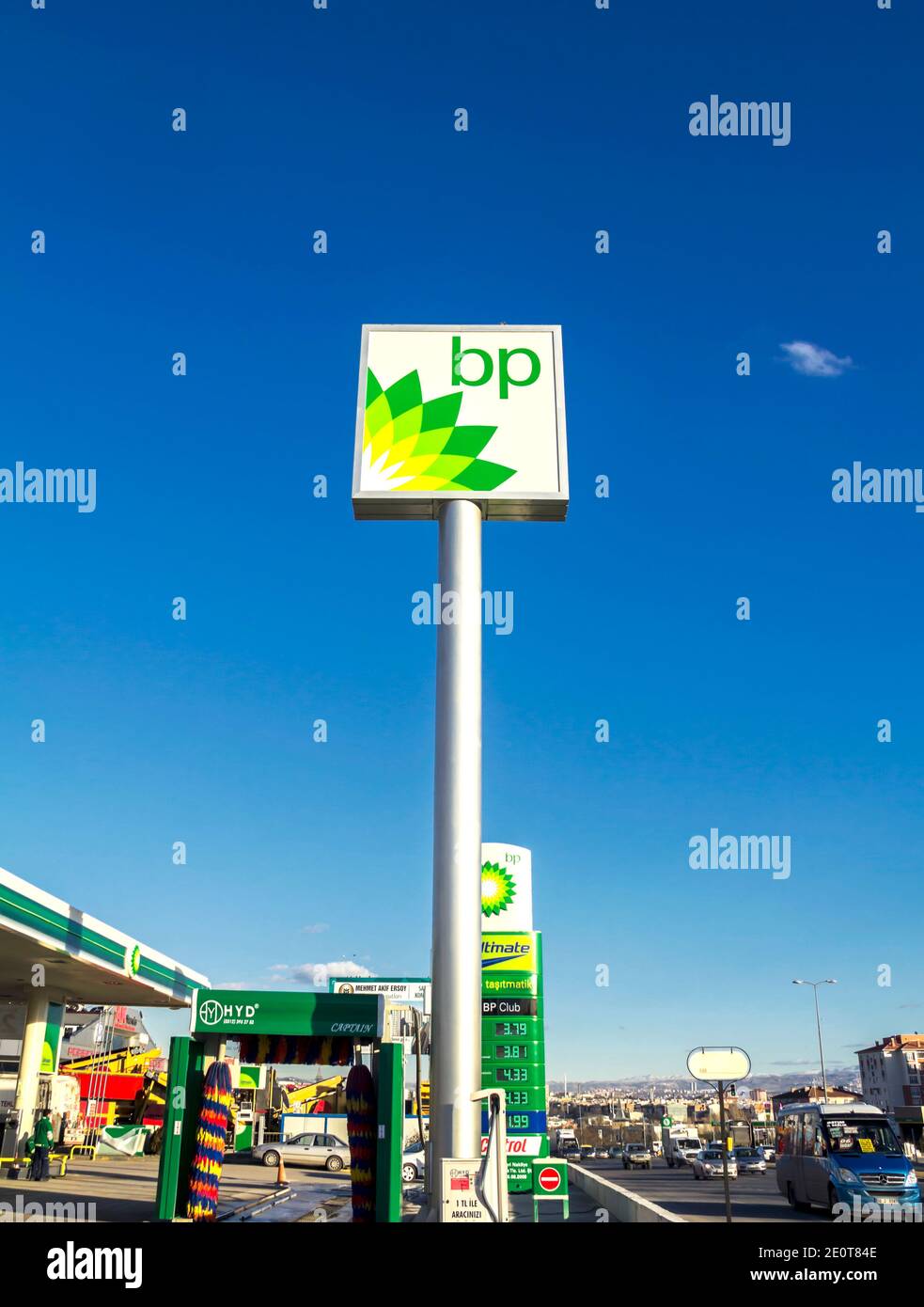 Ankara, Turkey BP British Petroleum petrol station logo over blue