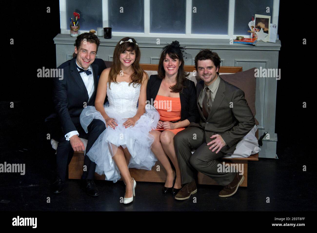 Cyril Garnier, Magaly Godenaire, Marie Montoya and Guillaume Sentou posing  during the 'Les Grands Moyens' new theater show at Gaite Montparnasse  theater in Paris, France on October 2nd, 2012. Photo by Aurore