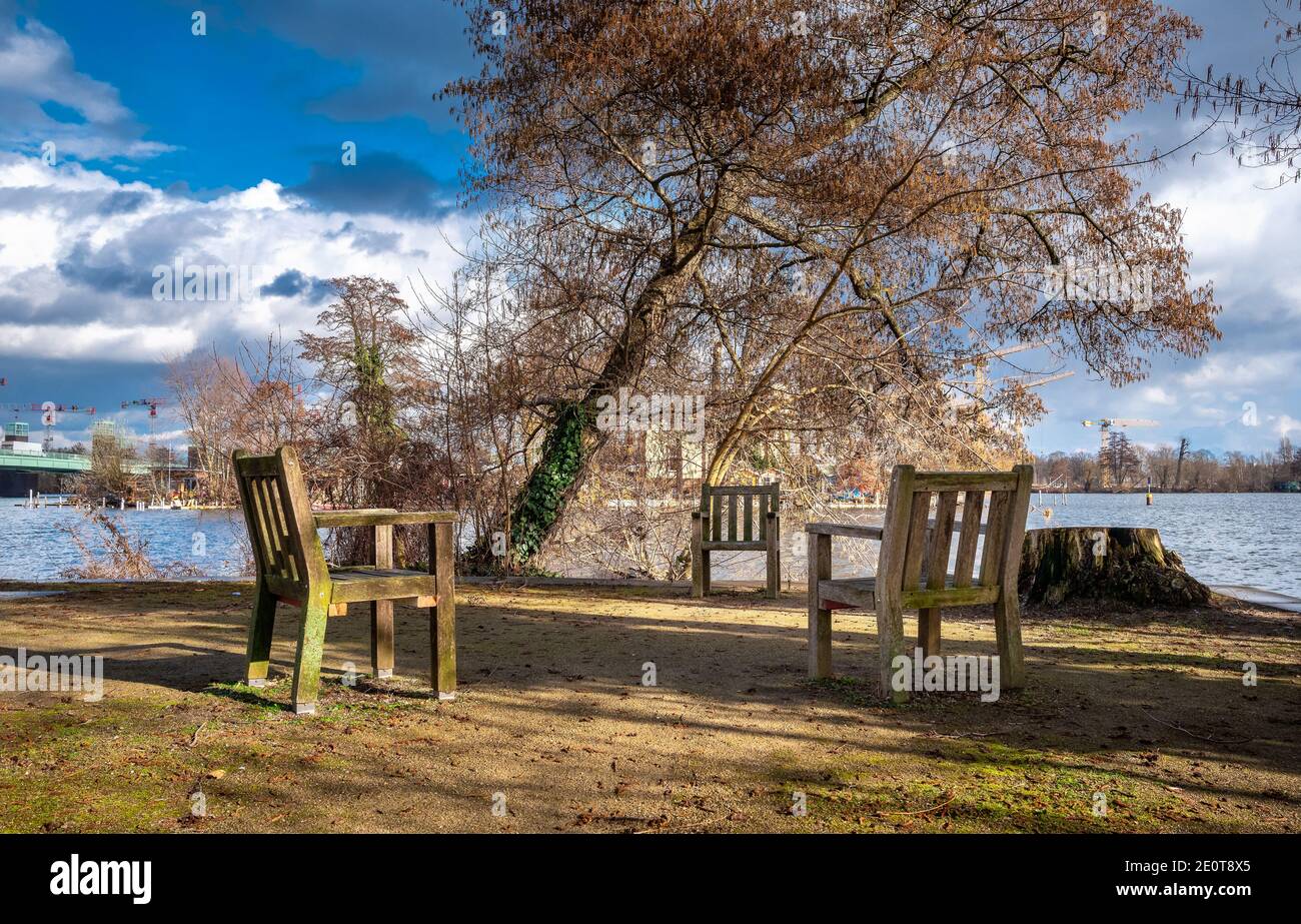 Empty Garden Chairs By The Lake Stock Photo