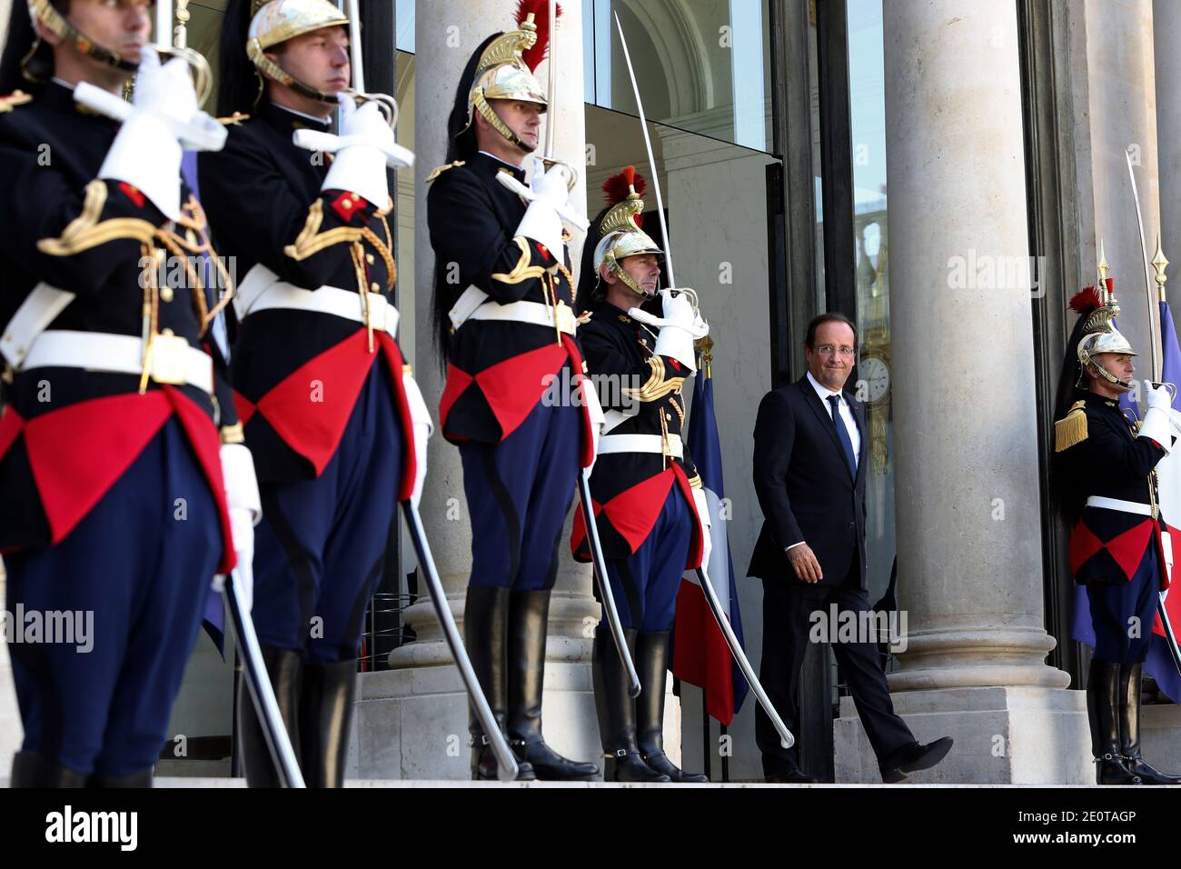 President Francois Hollande awaits his Yemeni counterpart Abd Rabbo Mansour Hadi prior to a meeting at the Elysee Presidential Palace, in Paris, France, on October 4, 2012. Photo by Stephane Lemouton/ABACAPRESS.COM. Stock Photo