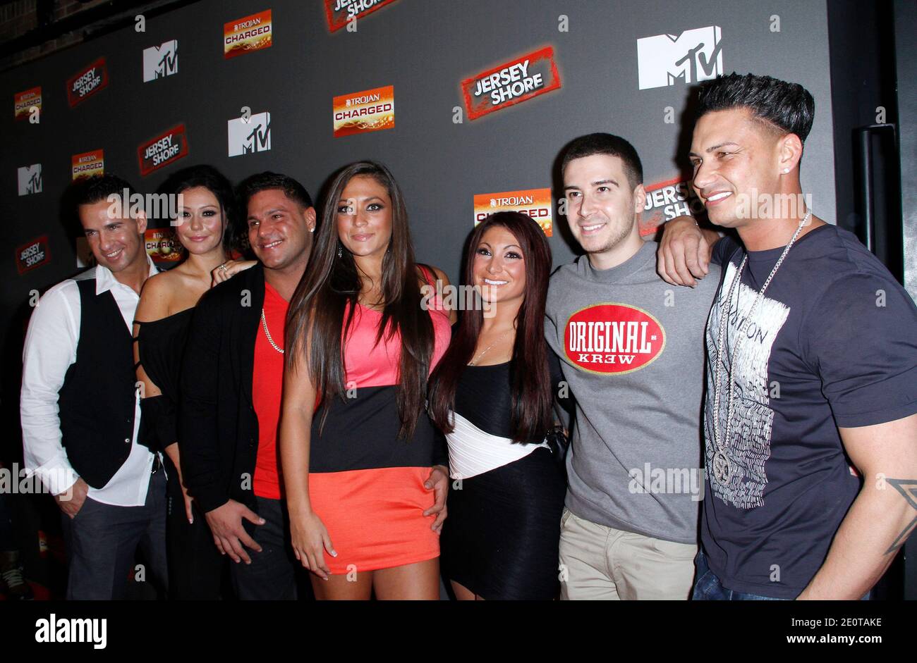 Mike Sorrentino, Jenni Farley, Ronnie Ortiz-Magro, Sammi Giancola, Deena Cortese, Vinny Guadagnino and Pauly D attend the Jersey Shore final season premiere event at Bagatelle in New York City, NY, USA, on October 04, 2012. Photo by Donna Ward/ABACAPRESS.COM Stock Photo