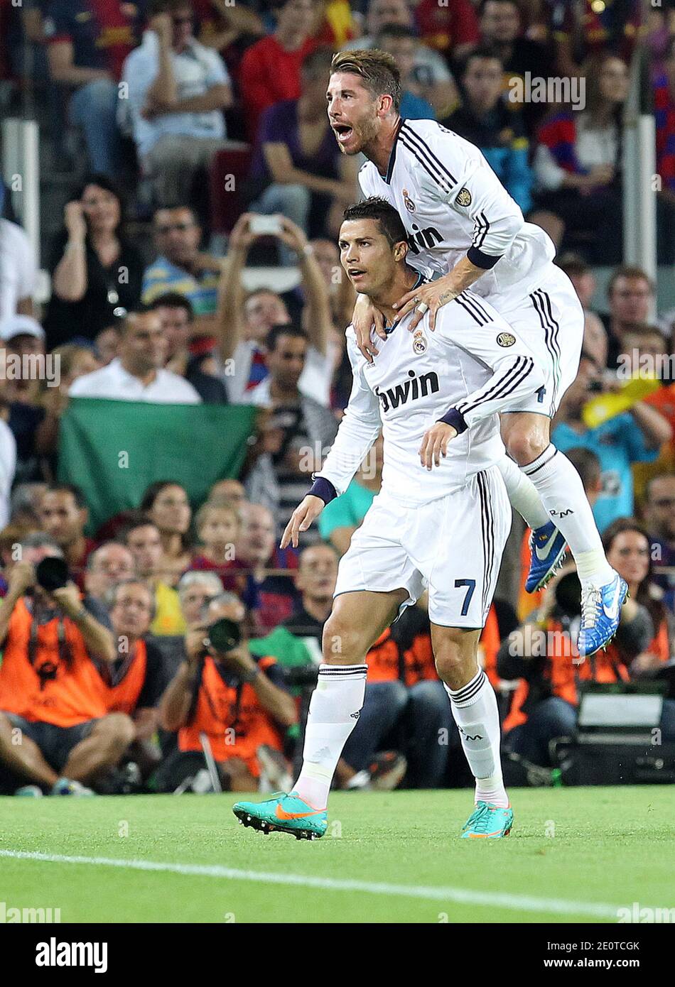 Cristiano Ronaldo 2-2 goal here with Sergio Ramos on top,both Real Madrid  during the Spanish La Liga Clasico Soccer match, FC Barcelona vs Real Madrid  CF at the Camp Nou stadium in