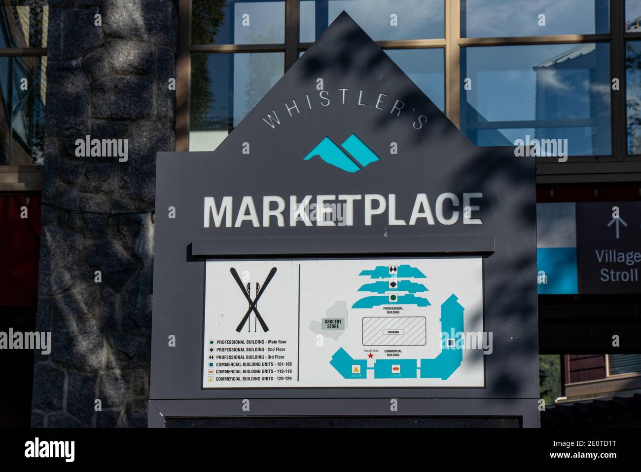 Whistler, Canada July 5,2020 View of sign Whistlers's Marketplace in