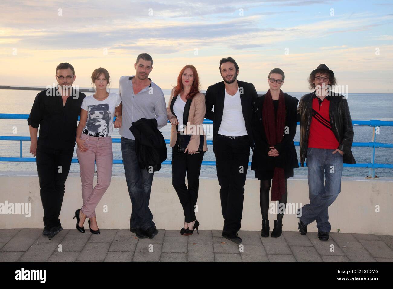 Jury's members (L to R) Cyril Mennegun, Elodie Navarre, Thierry Neuvic, Audrey Fleurot, Michael Cohen, Pauline Etienne and Julien Courbey pose for photographers during the opening of the 17th Young Directors International Film Festival in Saint-Jean-de-Luz, France on October 09, 2012. Photo by Jerome Domine/ABACAPRESS.COM Stock Photo