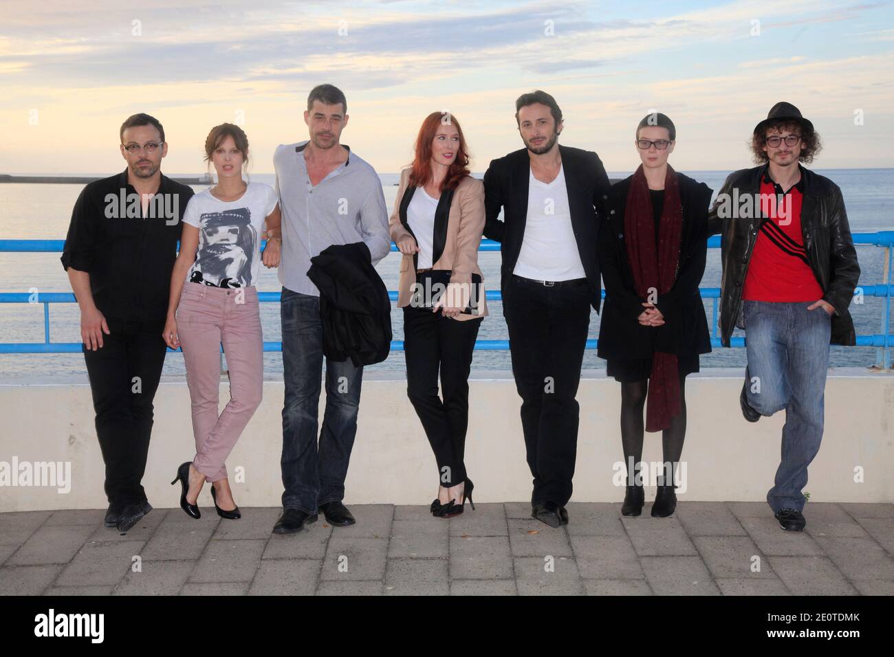 Jury's members (L to R) Cyril Mennegun, Elodie Navarre, Thierry Neuvic, Audrey Fleurot, Michael Cohen, Pauline Etienne and Julien Courbey pose for photographers during the opening of the 17th Young Directors International Film Festival in Saint-Jean-de-Luz, France on October 09, 2012. Photo by Jerome Domine/ABACAPRESS.COM Stock Photo