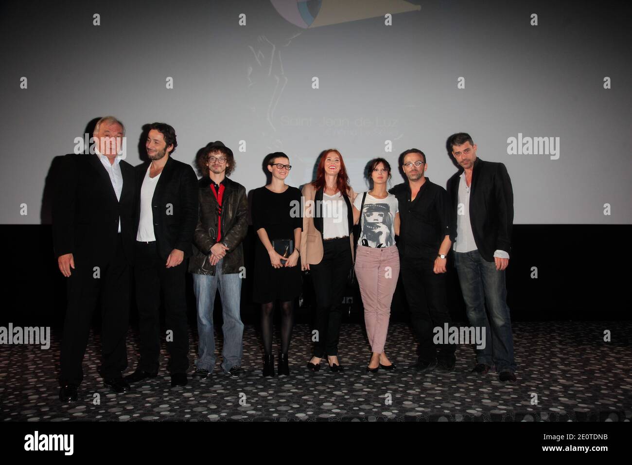 St. Jean-de-Luz mayor Peyuco Duhart (L) poses with Jury members (L-R) Thierry Neuvic, Julien Courbey, Pauline Etienne, Audrey Fleurot, Elodie Navarre, Cyril Mennegun and Michael Cohen at the opening of the 17th Saint-Jean-de-Luz Young Directors International Film Festival, in Saint-Jean-de-Luz, France on October 9, 2012. Photo by Jerome Domine/ABACAPRESS.COM Stock Photo