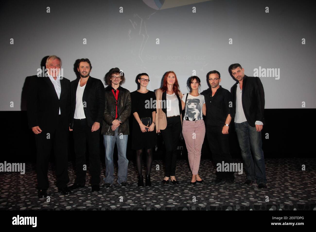 St. Jean-de-Luz mayor Peyuco Duhart (L) poses with Jury members (L-R) Thierry Neuvic, Julien Courbey, Pauline Etienne, Audrey Fleurot, Elodie Navarre, Cyril Mennegun and Michael Cohen at the opening of the 17th Saint-Jean-de-Luz Young Directors International Film Festival, in Saint-Jean-de-Luz, France on October 9, 2012. Photo by Jerome Domine/ABACAPRESS.COM Stock Photo