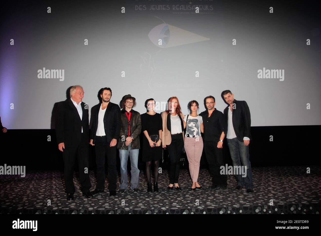 St. Jean-de-Luz mayor Peyuco Duhart (L) poses with Jury members (L-R) Thierry Neuvic, Julien Courbey, Pauline Etienne, Audrey Fleurot, Elodie Navarre, Cyril Mennegun and Michael Cohen at the opening of the 17th Saint-Jean-de-Luz Young Directors International Film Festival, in Saint-Jean-de-Luz, France on October 9, 2012. Photo by Jerome Domine/ABACAPRESS.COM Stock Photo