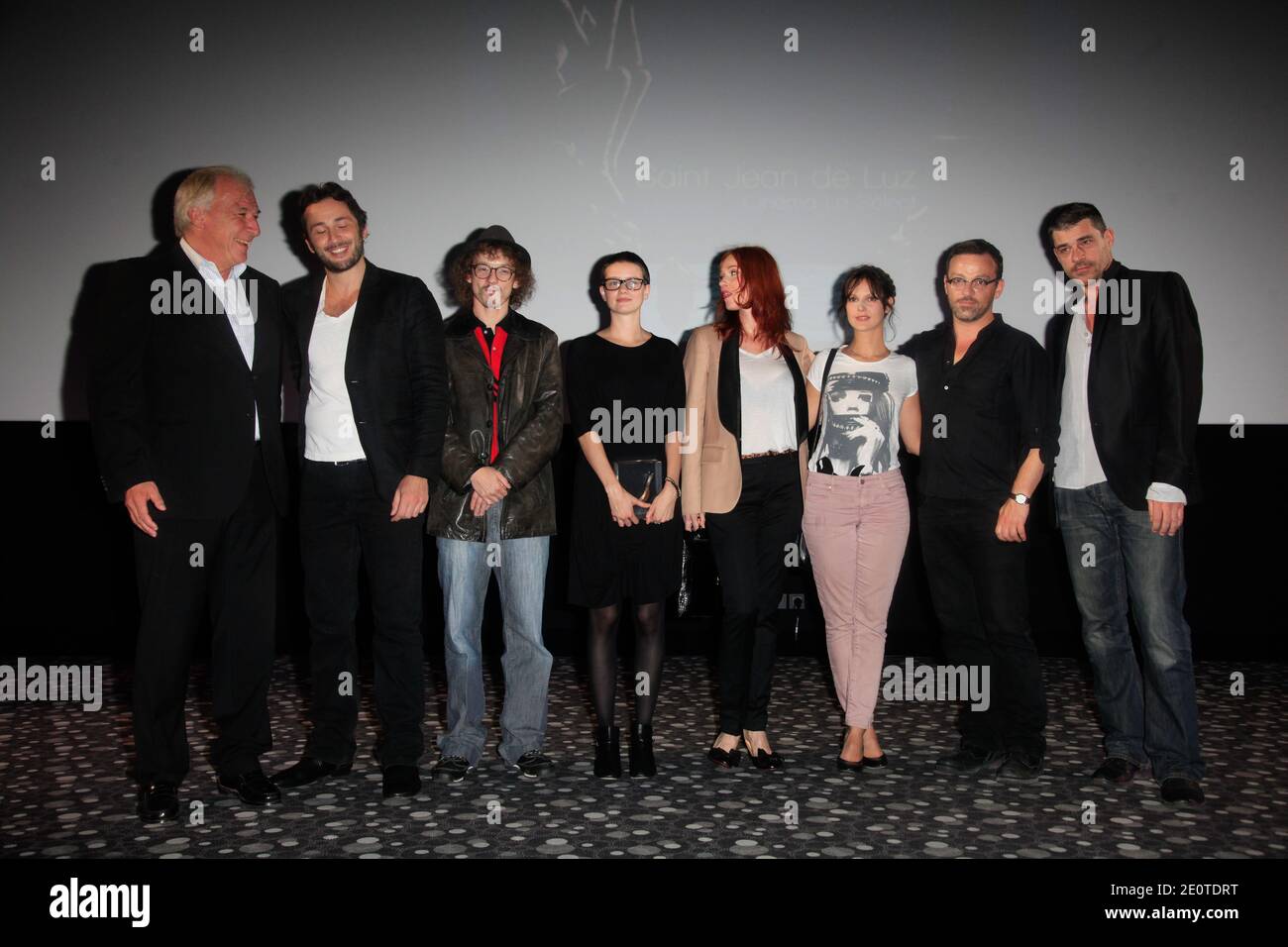 St. Jean-de-Luz mayor Peyuco Duhart (L) poses with Jury members (L-R) Thierry Neuvic, Julien Courbey, Pauline Etienne, Audrey Fleurot, Elodie Navarre, Cyril Mennegun and Michael Cohen at the opening of the 17th Saint-Jean-de-Luz Young Directors International Film Festival, in Saint-Jean-de-Luz, France on October 9, 2012. Photo by Jerome Domine/ABACAPRESS.COM Stock Photo