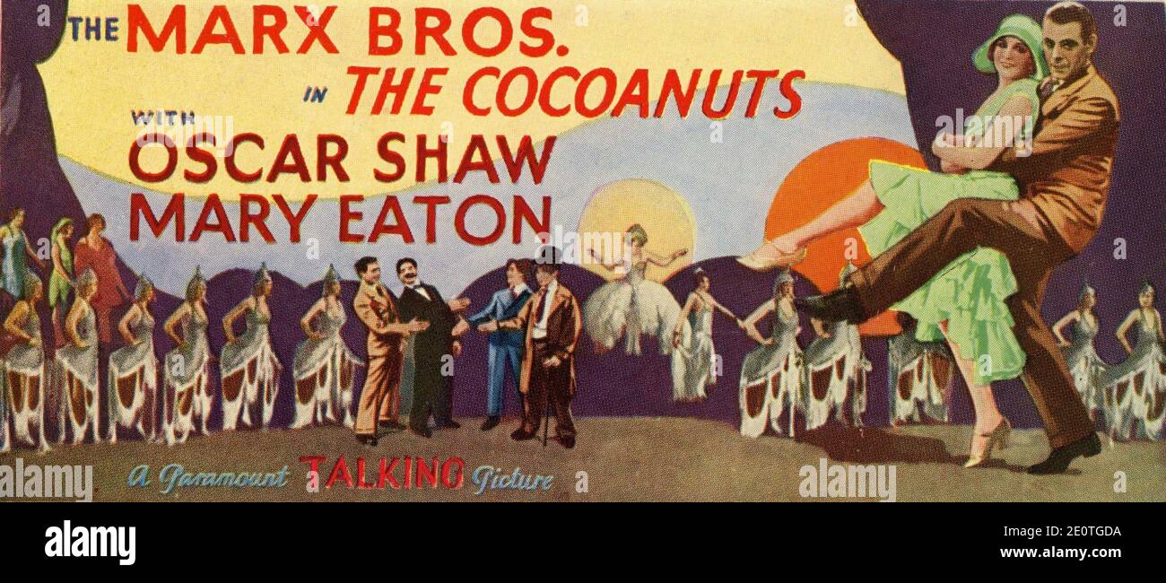 Colour Image of US 24 Sheet Movie Poster of The FOUR MARX BROTHERS OSCAR SHAW and MARY EATON in THE COCOANUTS director ROBERT FLOREY book George S. Kaufman adapted by Morrie Ryskind from the 1929-1930 Paramount Campaign Yearbook for Exhibitors featuring The FOUR MARX BROTHERS HAROLD LLOYD DENNIS KING Blackface Comedians MORAN and MACK and MAURICE CHEVALIER Stock Photo
