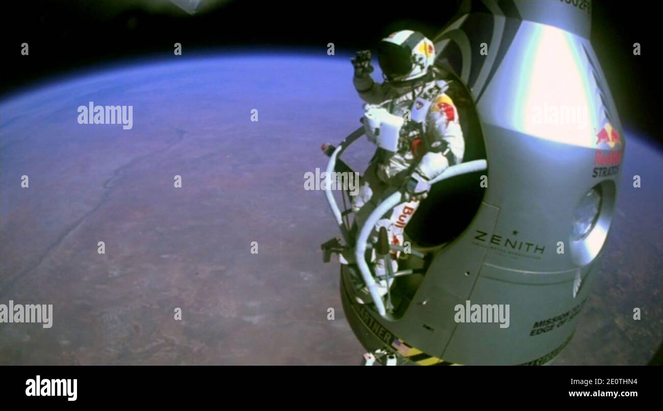 This Picture Shows Pilot Felix Baumgartner Of Austria Jumping Out Of The Capsule During The Final Manned Flight For Red Bull Stratos On October 14 12 The Austrian Daredevil Became The First