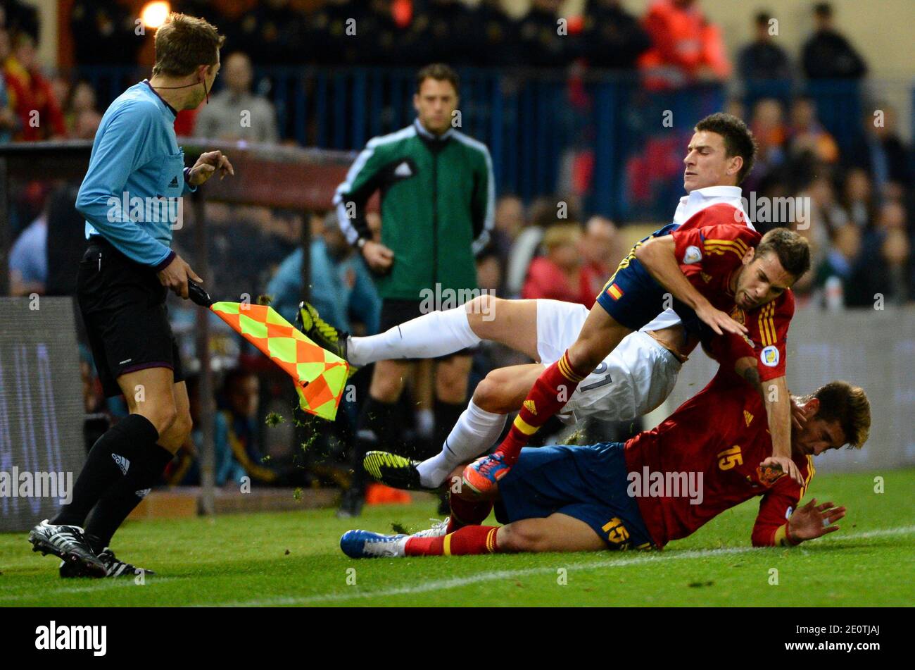France's Laurent Koscielny, Spain's Jordi Alba and Sergio Ramos battle for the ball during the World Cup 2014 qualifying soccer match, Spain Vs France at Vicente Calderon stadium in Madrid, Spain on October 16, 2012. The match ended in a 1-1 draw. Photo by Christian Liewig/ABACAPRESS.COM Stock Photo