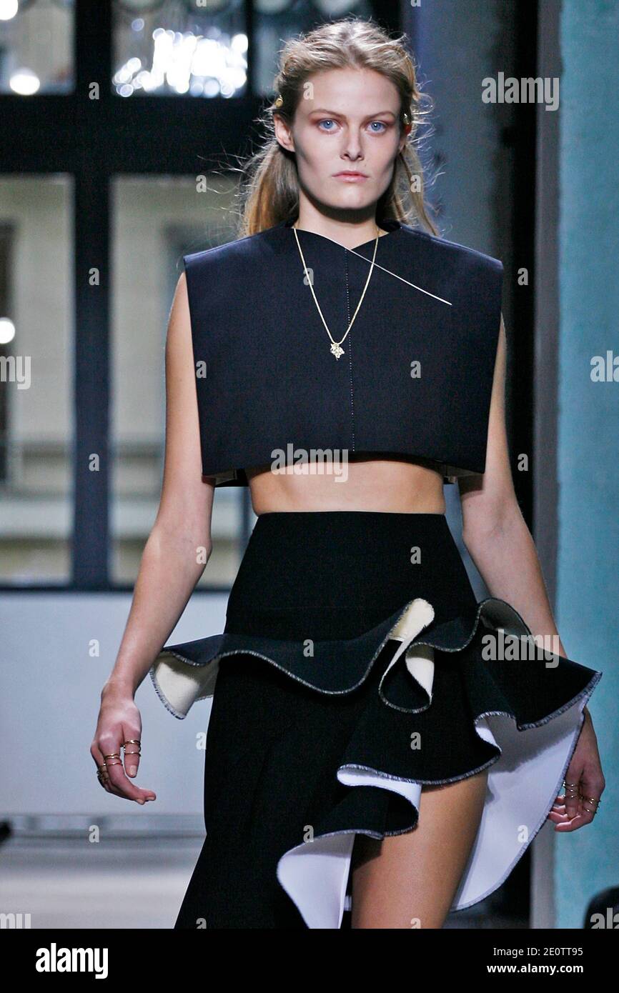 A model displays a creation by French fashion designer Nicolas Ghesquiere  for Balenciaga Spring-Summer 2013 Ready-To-Wear collection show held at  Balenciaga headquarters in Paris, France, on September 27 2012. Photo by  Alain