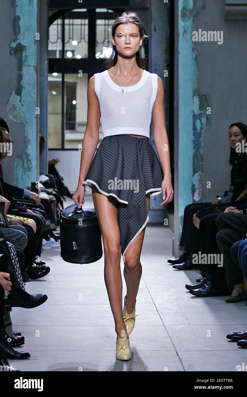 A model displays a creation by French fashion designer Nicolas Ghesquiere  for Balenciaga Spring-Summer 2013 Ready-To-Wear collection show held at  Balenciaga headquarters in Paris, France, on September 27 2012. Photo by  Alain