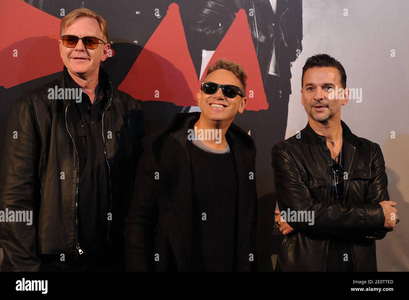 British Band Depeche Mode (Dave Gahan, Martin Gore and Andy Fletcher) poses  before a press conference to announce their 2013 World Tour, in Paris,  France, on October 23, 2012. Photo by Christophe