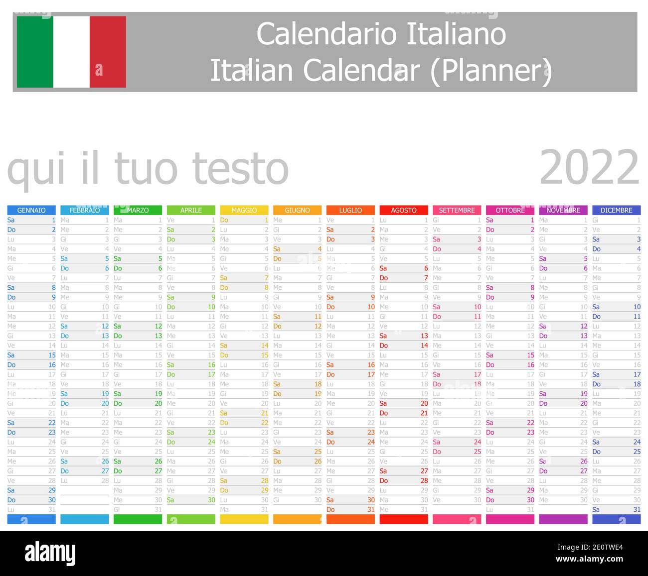 2022 Italian Planner Calendar With Vertical Months On White Background
