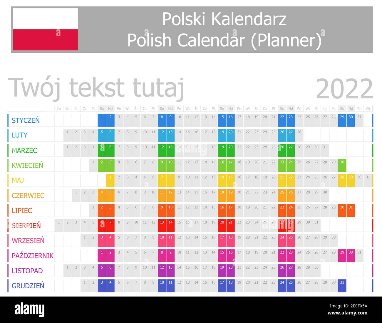 2022 Polish Planner Calendar with Horizontal Months on white background