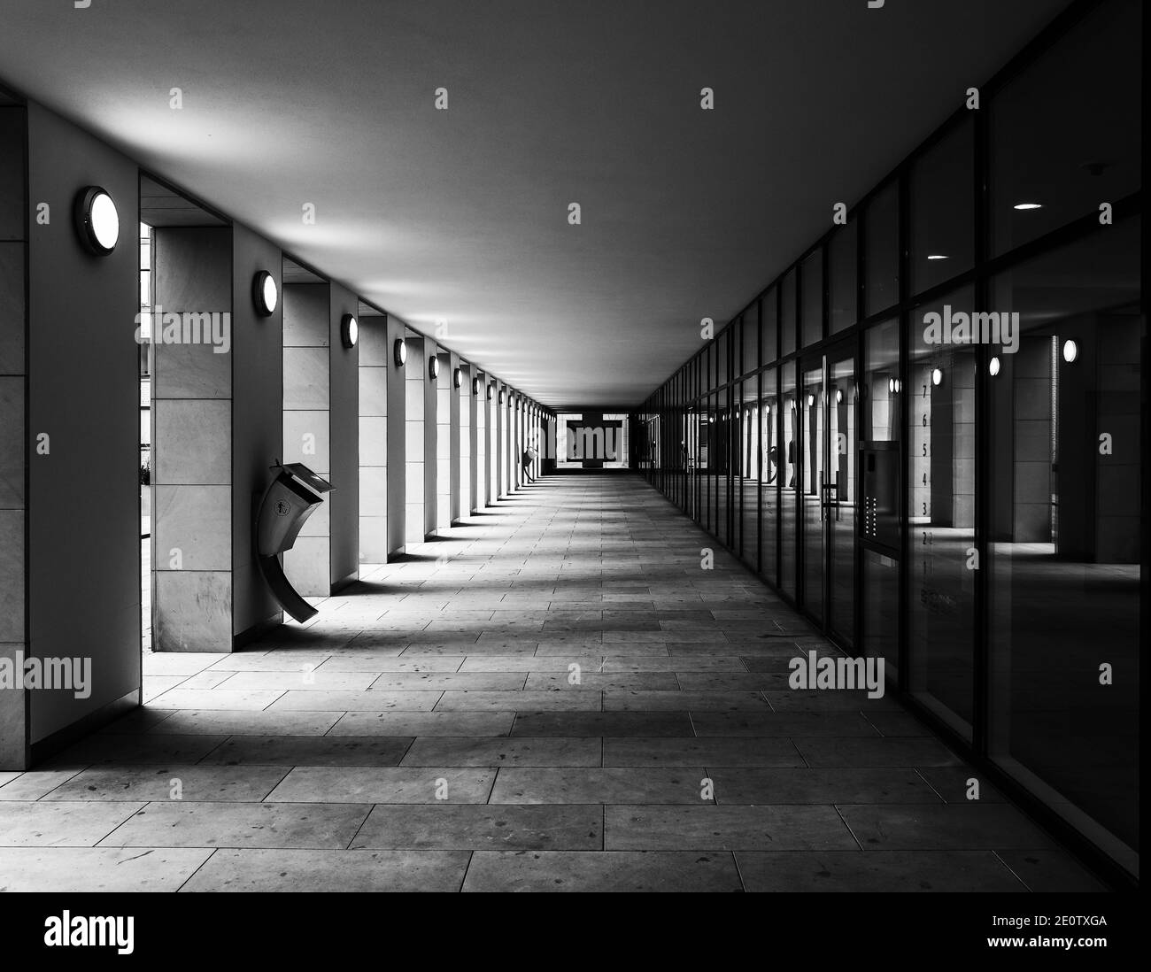 Long Building Corridor On A Residential Building At Potsdamer Platz In Berlin Stock Photo