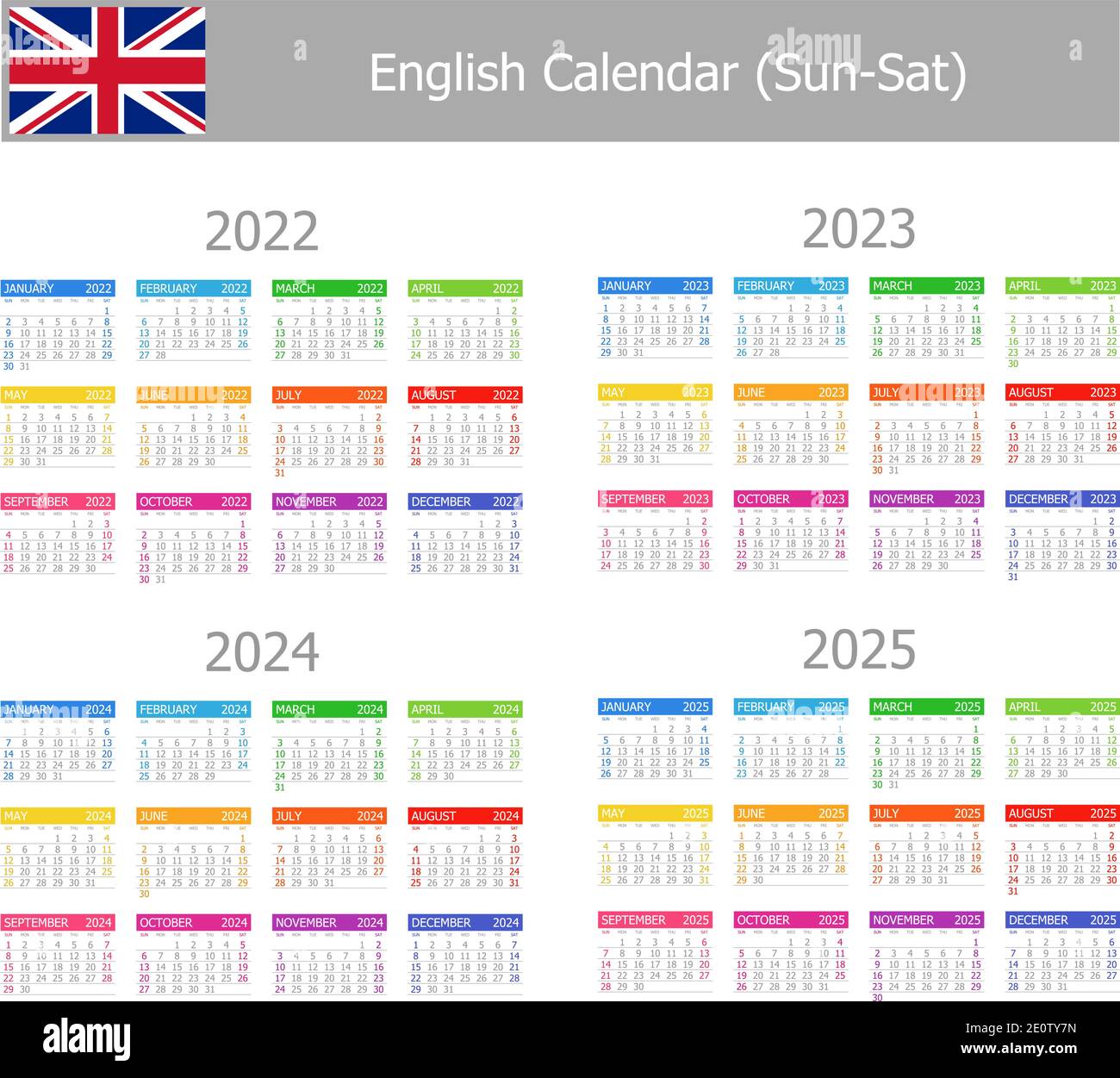 20222025 English Type1 Calendar SunSat on white background Stock